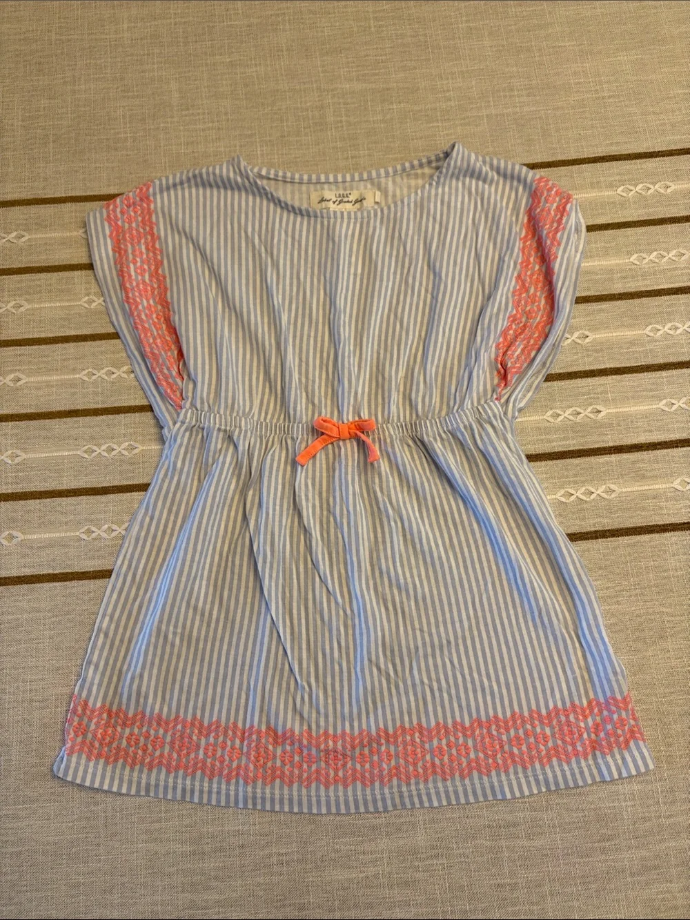 Blue and White Striped Dress with Coral Trim