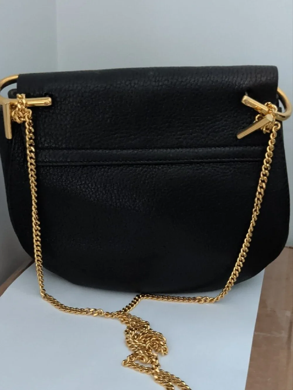 Chloe Drew Black Pebbled Leather Crossbody Bag with Gold Hardware