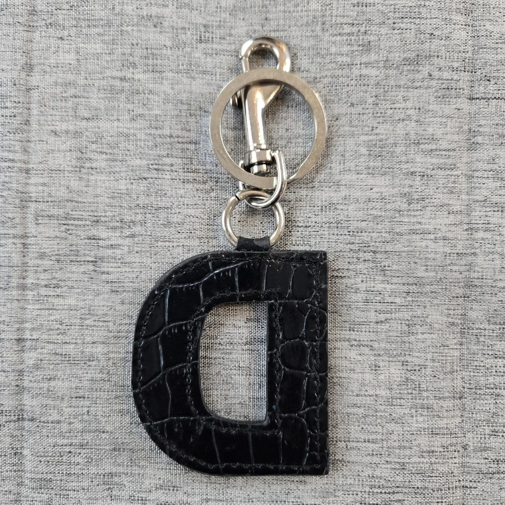 D Initial With Clear Rhinestone On Black Keychain Silver-tone Lobster Clasp