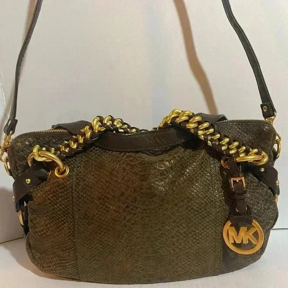Michael kors brown leather suede satchel handbag