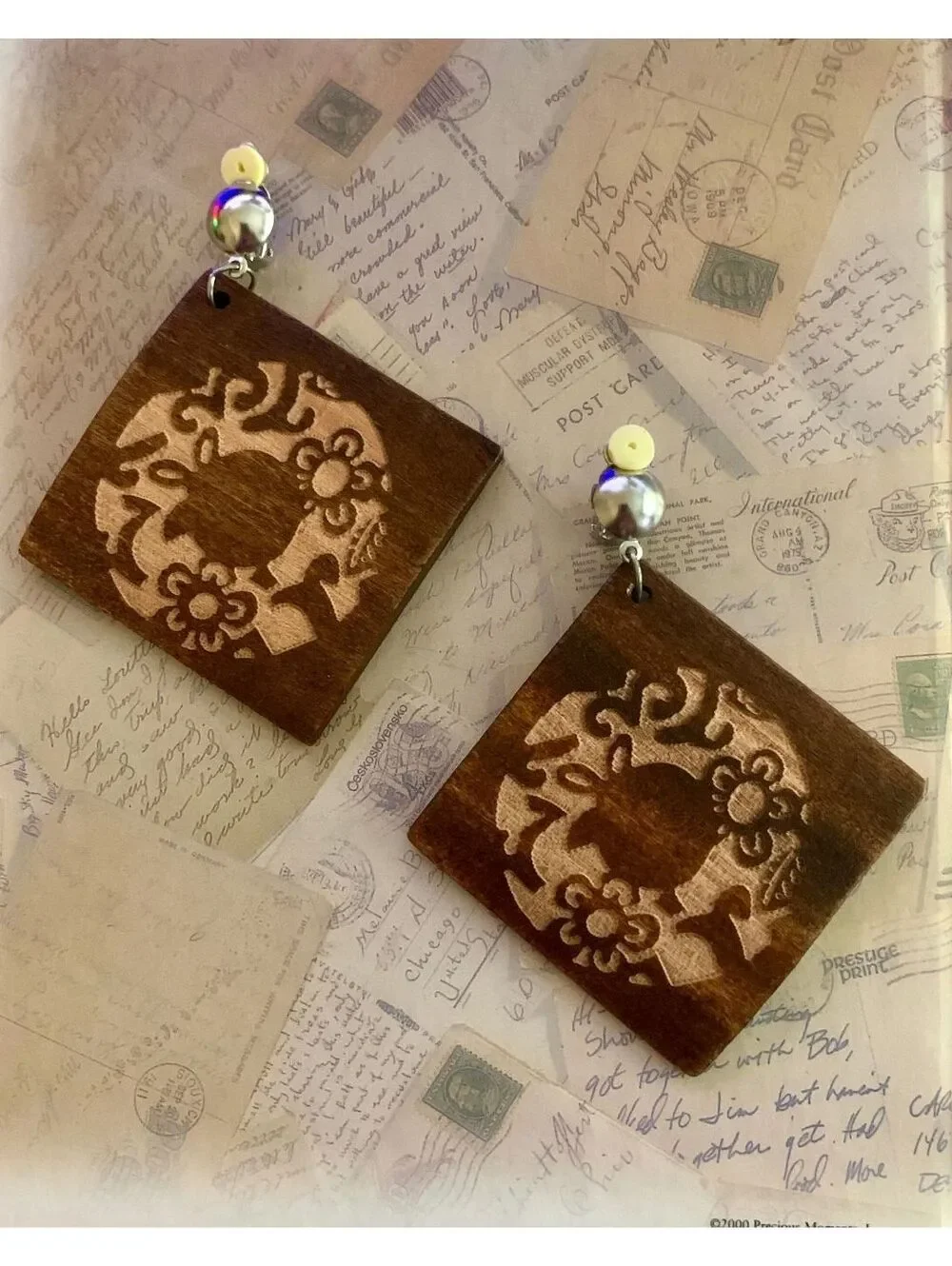 Vintage Bohemian Handcrafted Wooden Square Earrings Floral Carving & Bead Detail