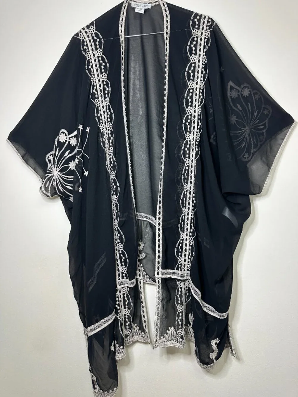 Rachel Zoe Black Sheer Kimono Cardigan Embroidered Open Front One Size