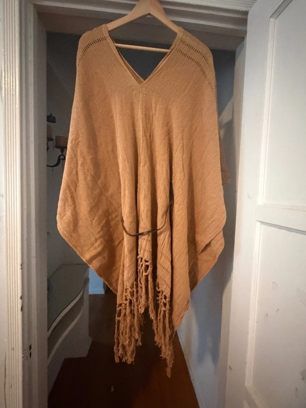 Caravana Brown Handwoven Fringe Kaftan Poncho Leather Belt One Size