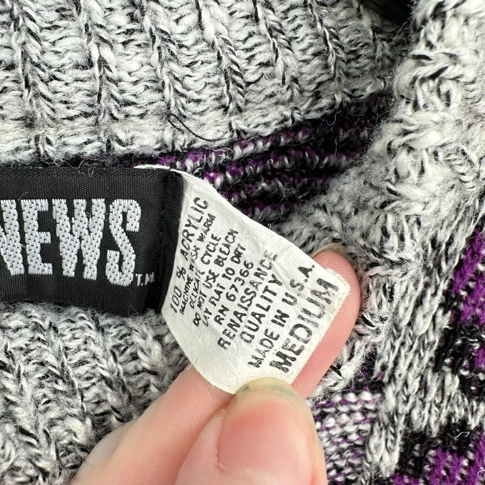 Vtg Todays News Sweater Mens M Purple Black Gray Knit‎ 90s Grandpa Grunge Indie
