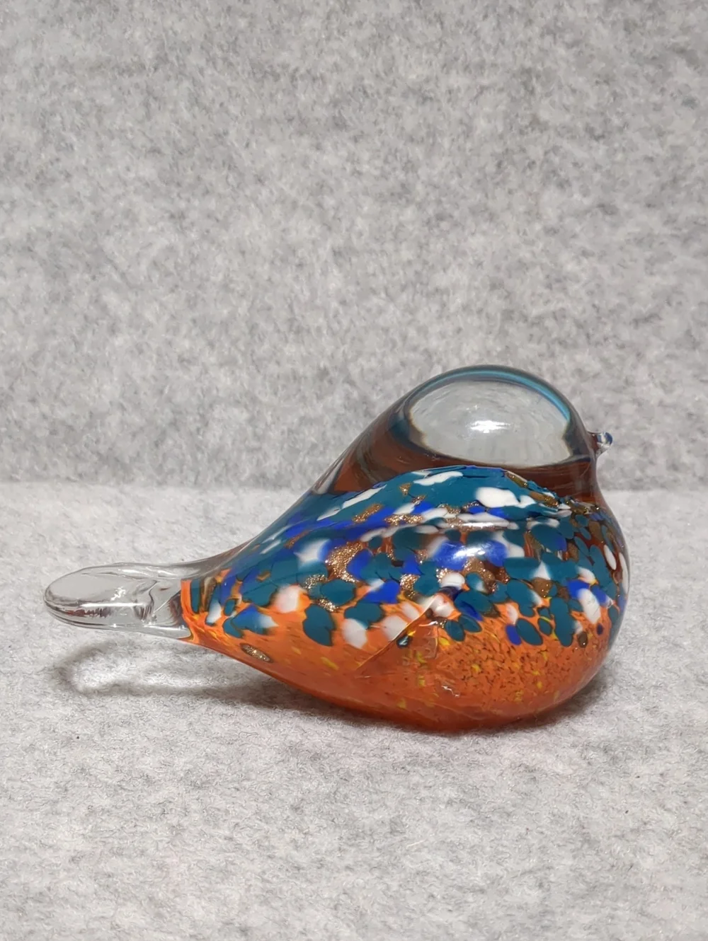 Art Glass Bird Clear, Orange Blue Paperweight