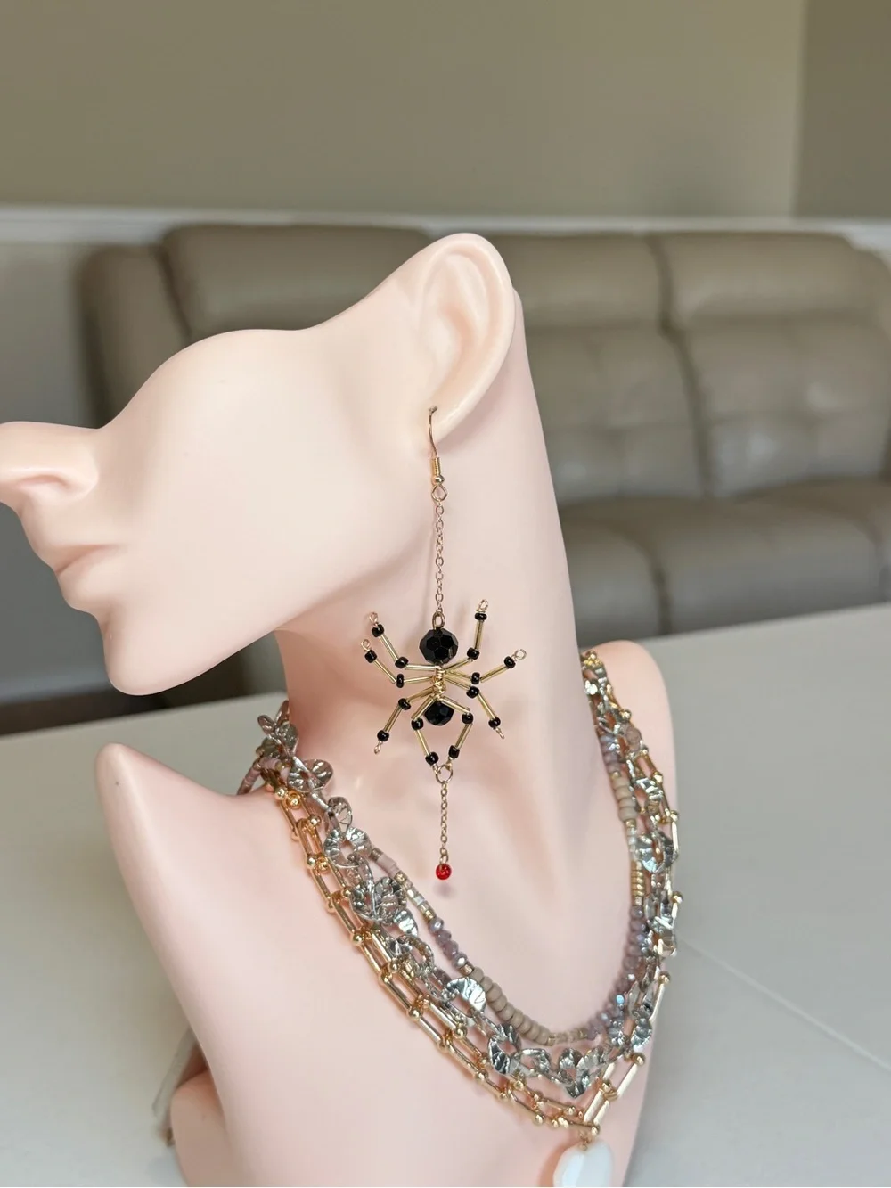 Gold and Black Beaded Spider Dangle Earrings