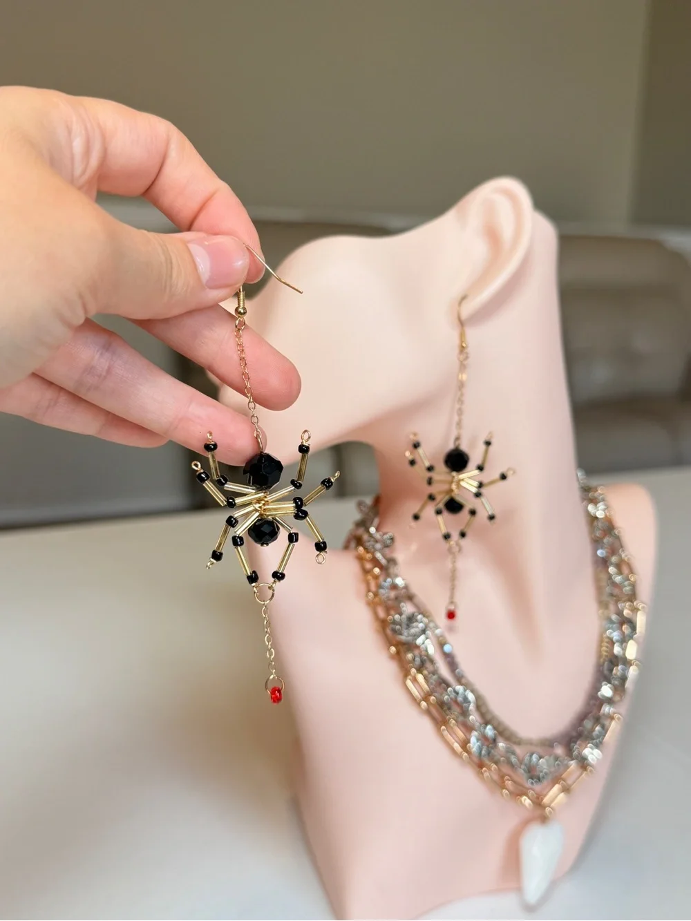 Gold and Black Beaded Spider Dangle Earrings