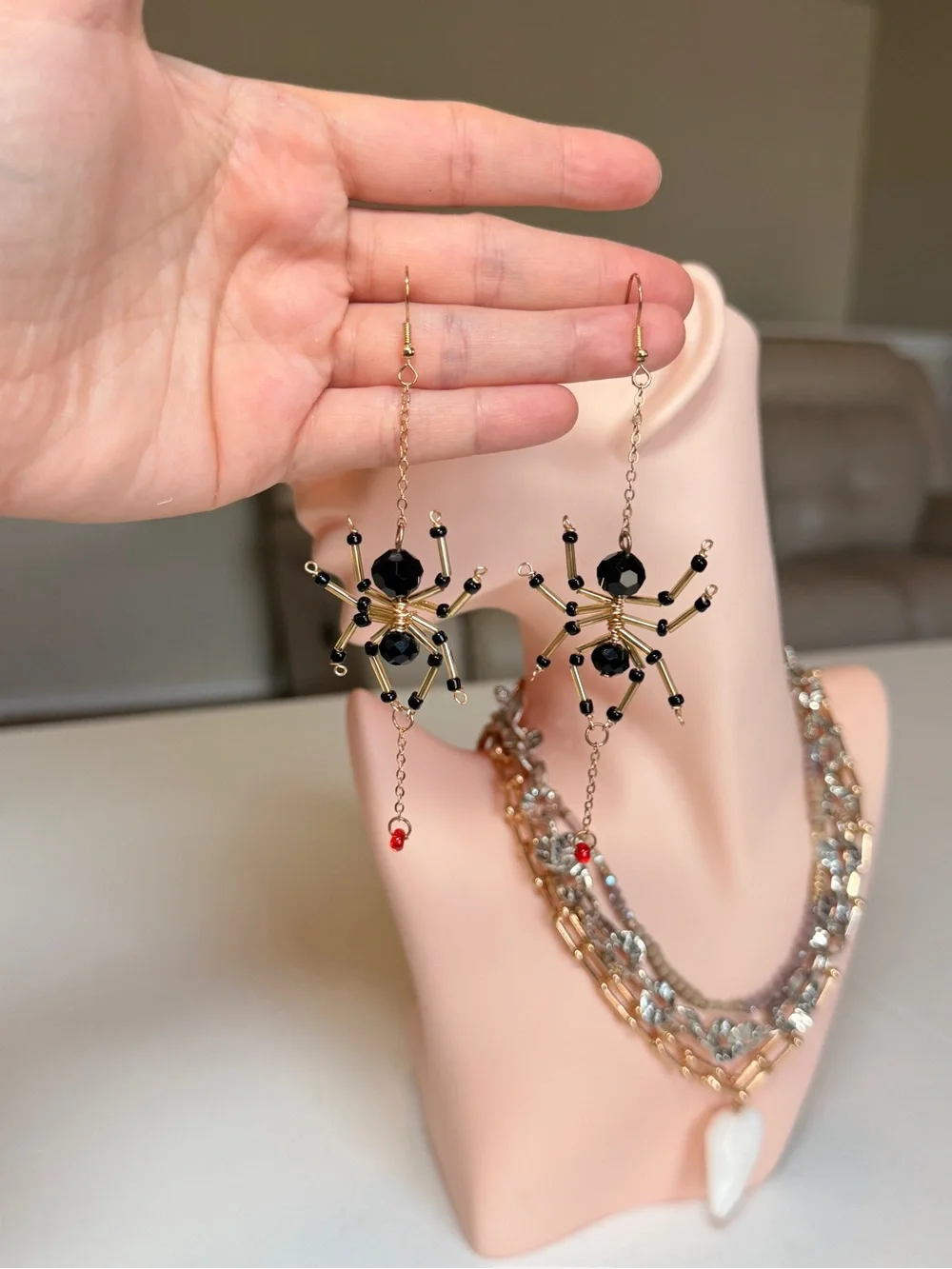 Gold and Black Beaded Spider Dangle Earrings