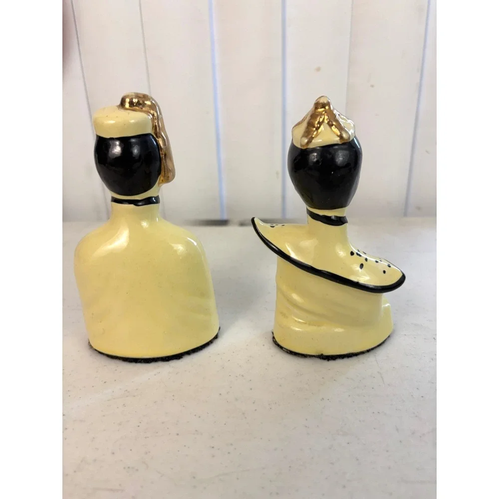 Vintage 1950s Asian Man Woman Ceramic Figurines Pair Yellow Black Gold MCM