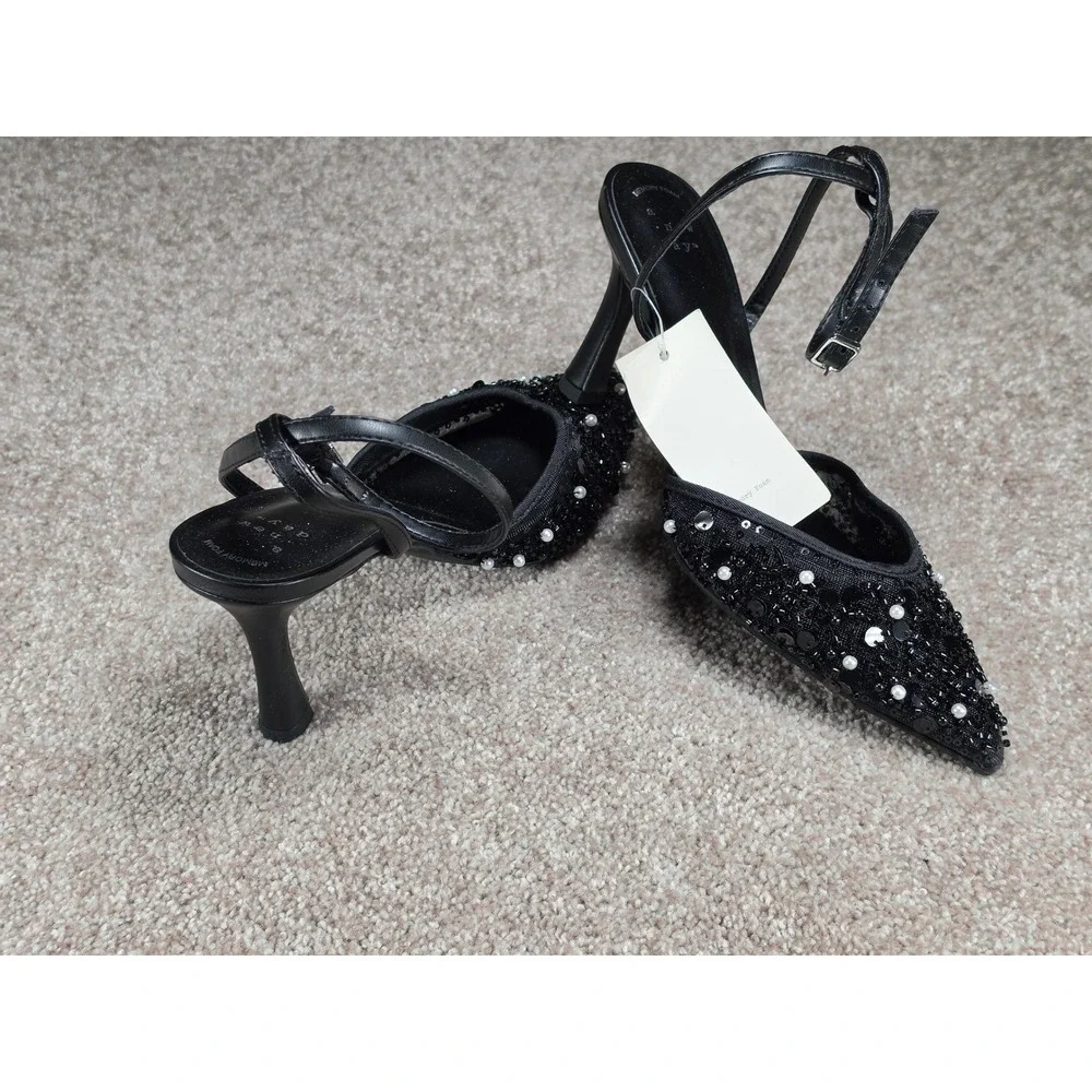 A New Day Ruth Black Beaded Pearl‎ Mesh Slingback Pumps Heels Womens 8 NEW