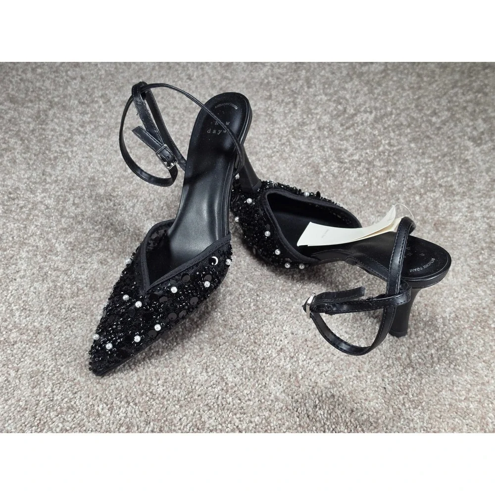 A New Day Ruth Black Beaded Pearl‎ Mesh Slingback Pumps Heels Womens 8 NEW