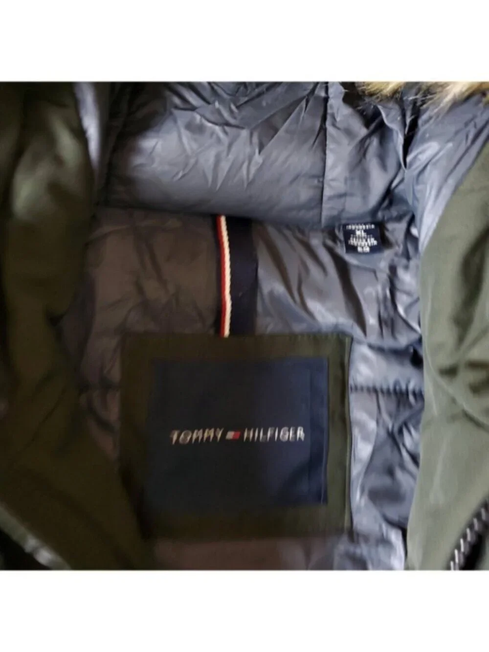 Tommy Hilfiger Parka Jacket Mens XL Green Polyester Hood Cargo Pocket Dark