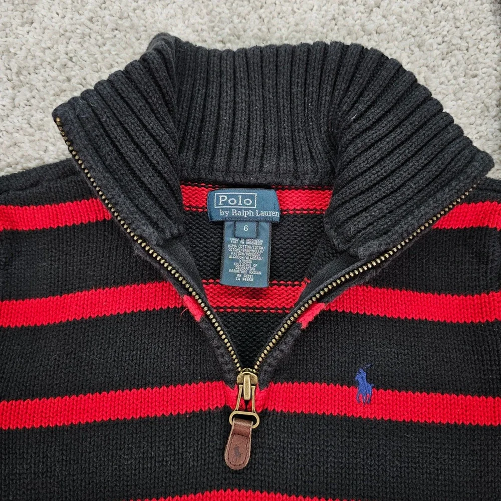 Polo Ralph Lauren Kids Black‎ Red Stripe Quarter Zip Sweater Size 6