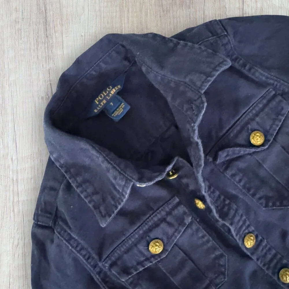 Polo Ralph Lauren Girls 7 Navy Shirt Dress Gold Crest Buttons Preppy Classic