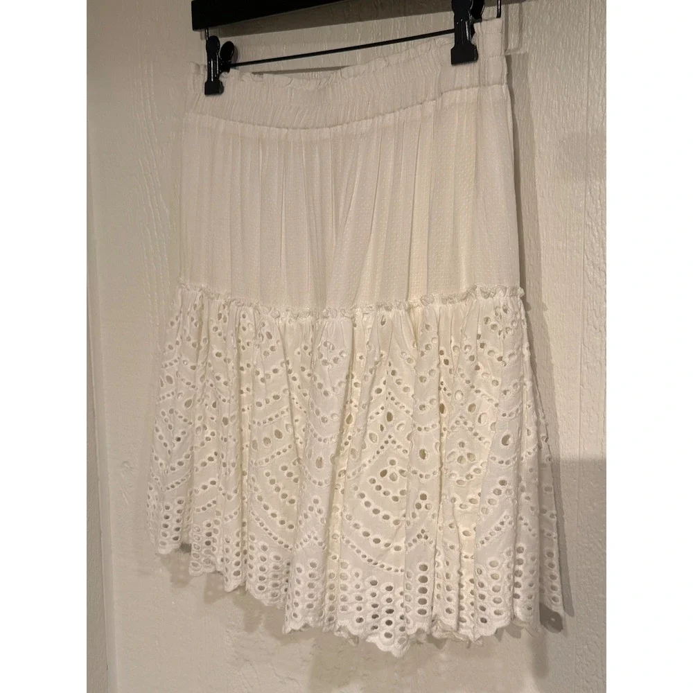 White Eyelet Lace 2 Piece‎ Set Long Sleeve Button Back Top & Tiered Mini Skirt