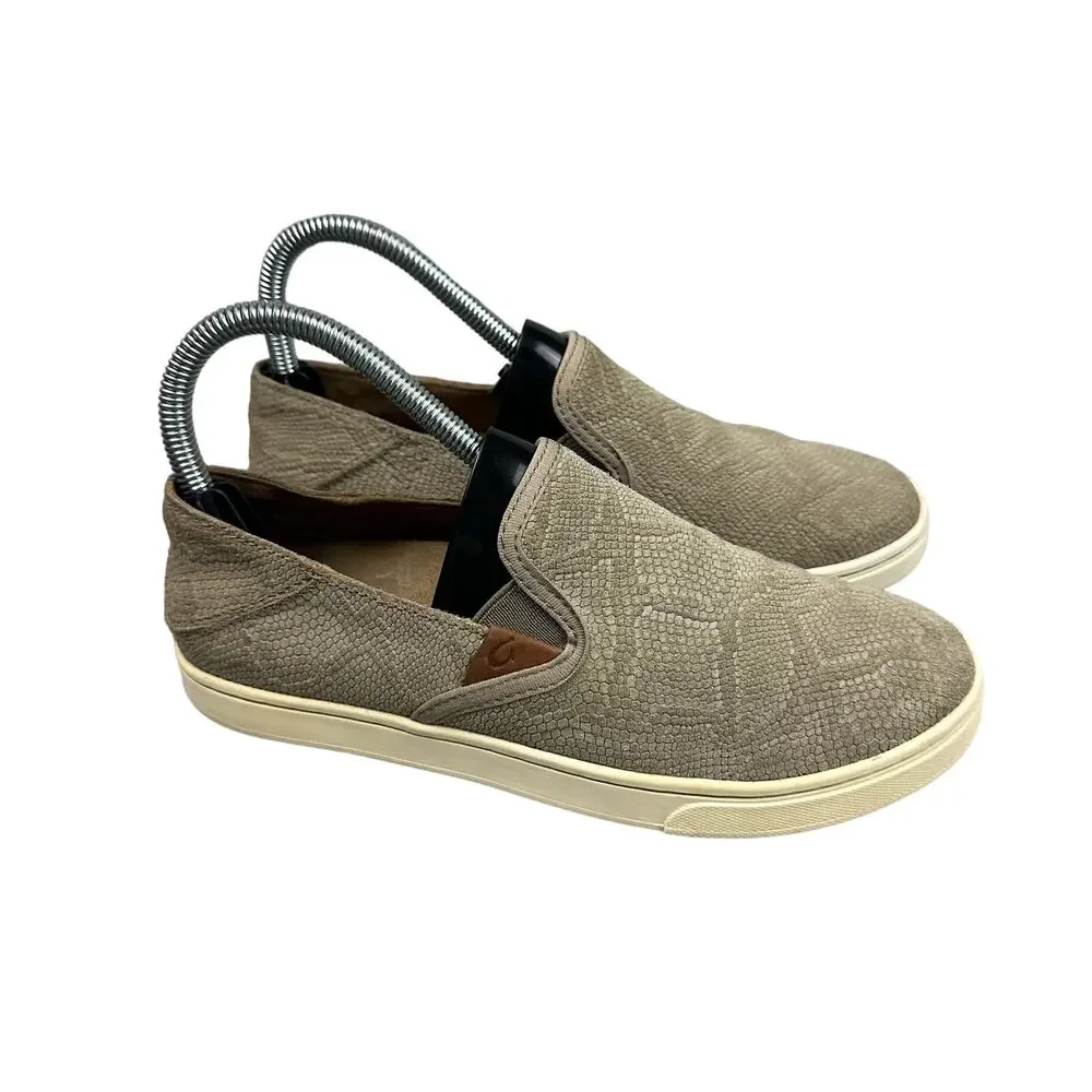 Olukai Pehuea Leather Women Size 6‎ Tan Snakeskin Embossed Slip On 20329-LH10