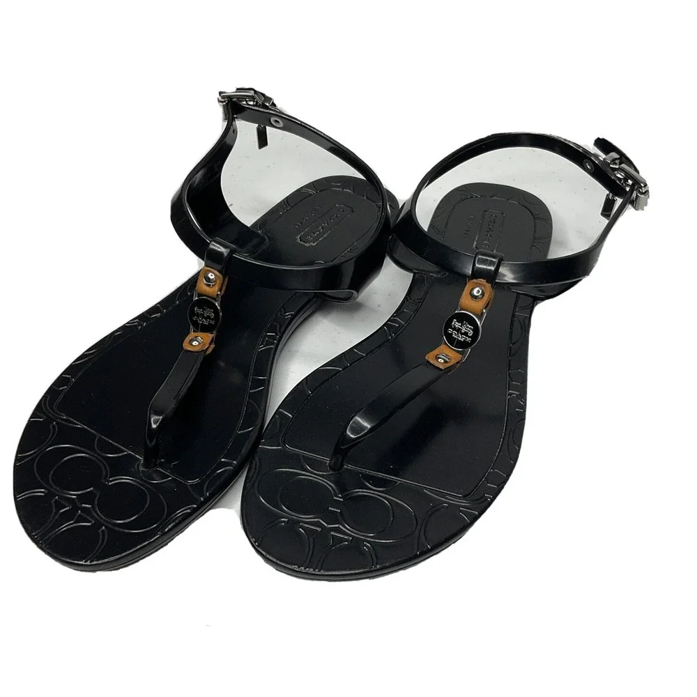 Coach Piccadilly‎ Sandals Womens Sz 6B Black Rubber T-Strap Thong Signature Logo