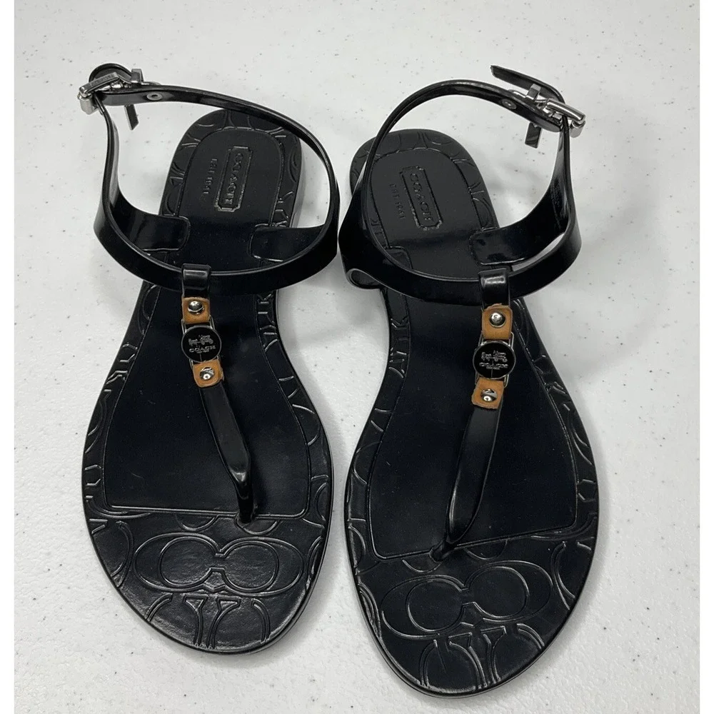 Coach Piccadilly‎ Sandals Womens Sz 6B Black Rubber T-Strap Thong Signature Logo