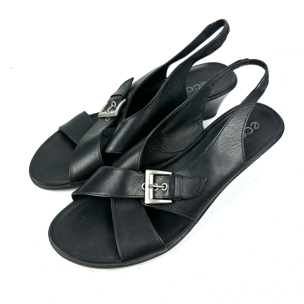 Ecco Criss Cross Wedge Shoes 42 Black Leather Slingback Shoes‎ Womens