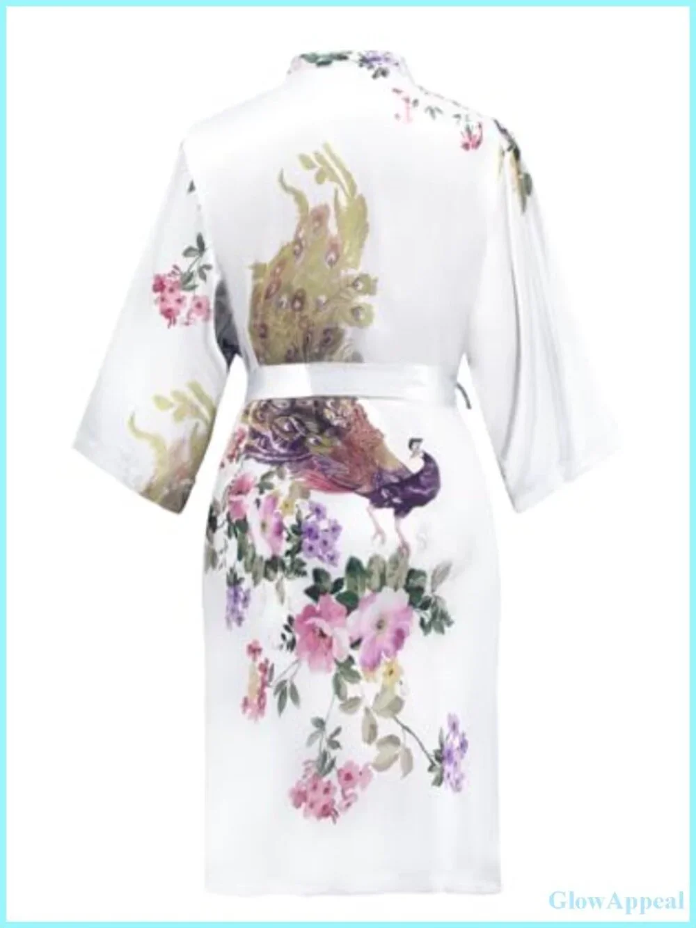 Silky Short Satin Robe with Peacock Floral Pattern, V-Neck, 3/4 Sleeves