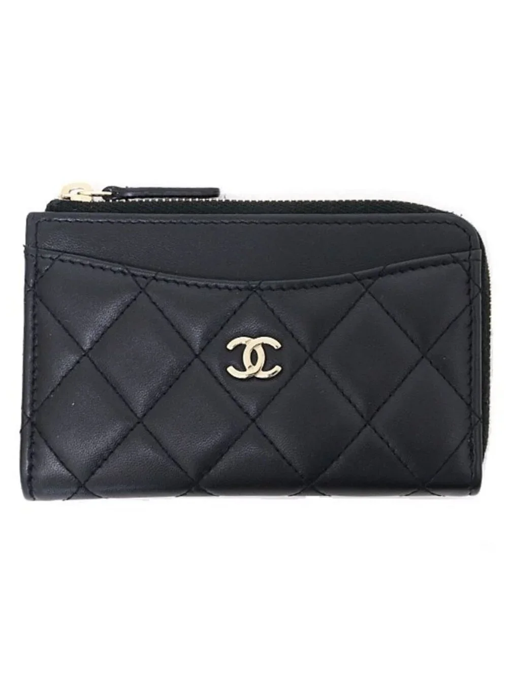 Chanel Zip Card Case Fragment Coin Purse Quilted Lambskin Black