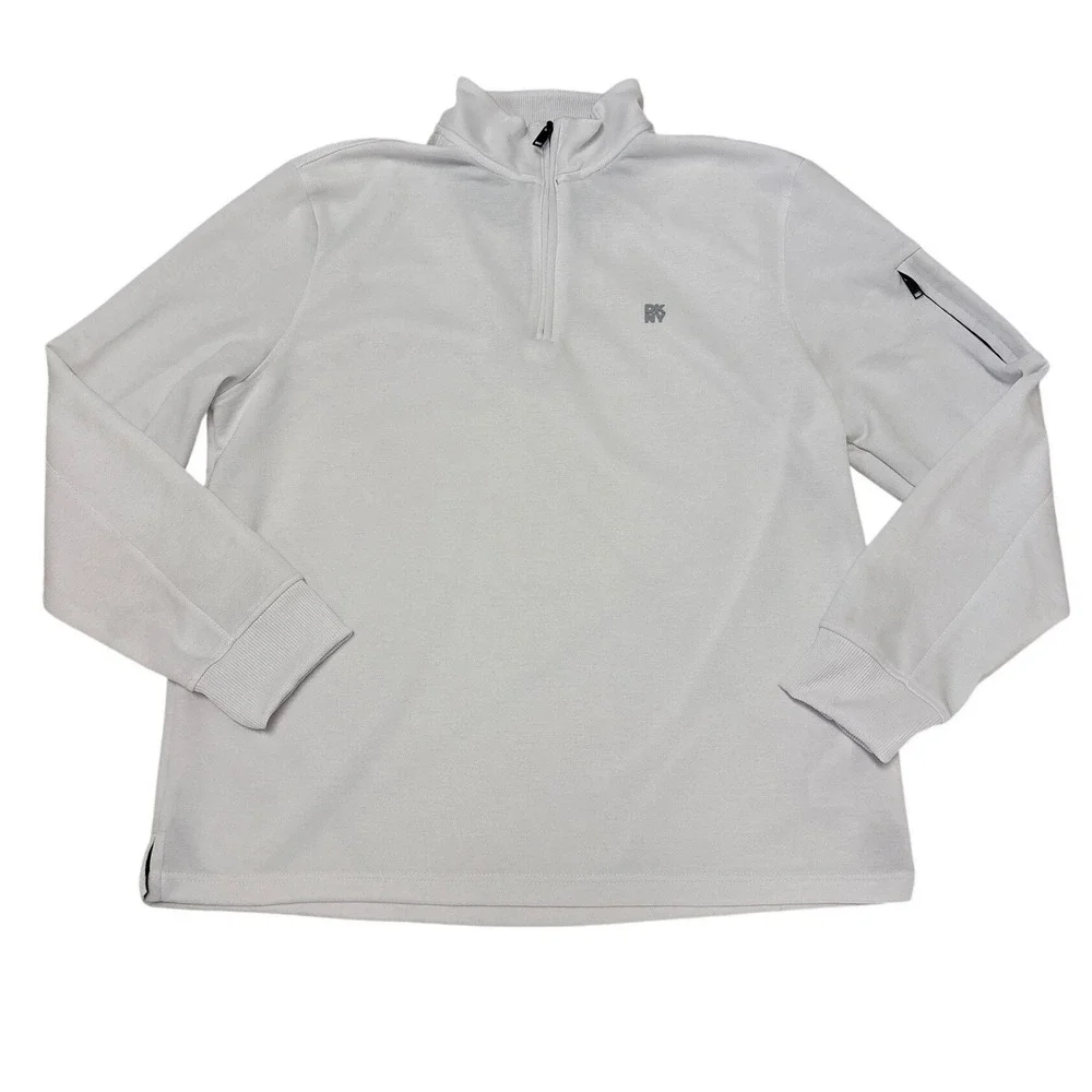 DKNY Sport Mens White Quarter Zip Pullover Sweater XL Zipper Sleeve Pocket