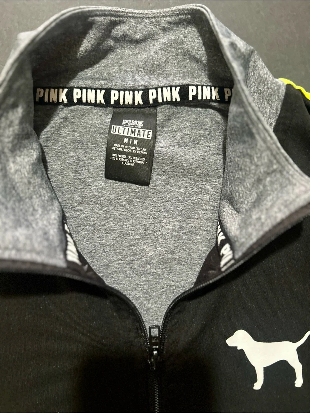 PINK Victoria's Secret Black quarter zip with Gray Lining and White Dog Logo med