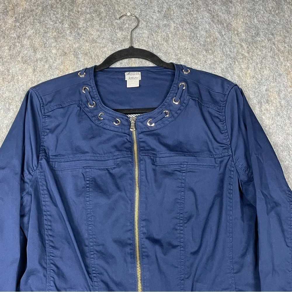 Chicos Navy Blue Nautical Stylish Lightweight Utility Zip Up Jacket - Sz 12/L