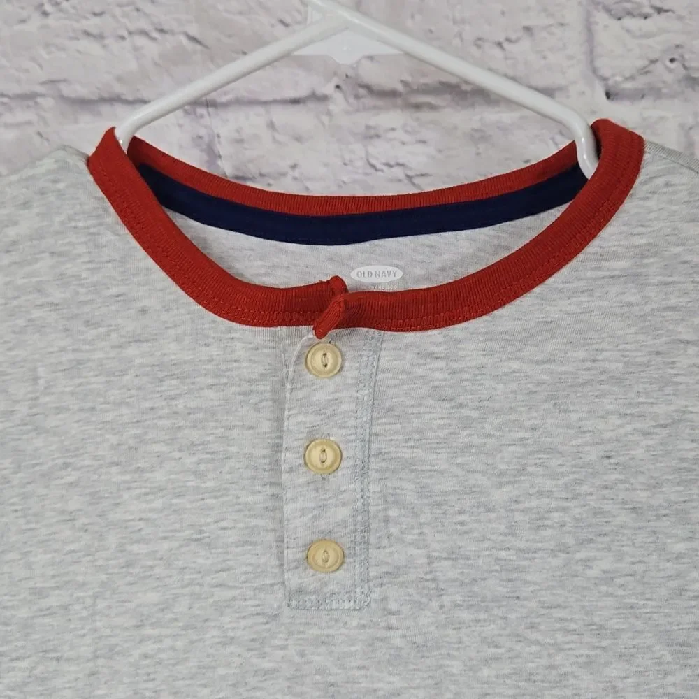 OLD NAVY Kids 10/12 Boys Gray/Red Long Sleeve Henley T-Shirt Casual Sporty Tee