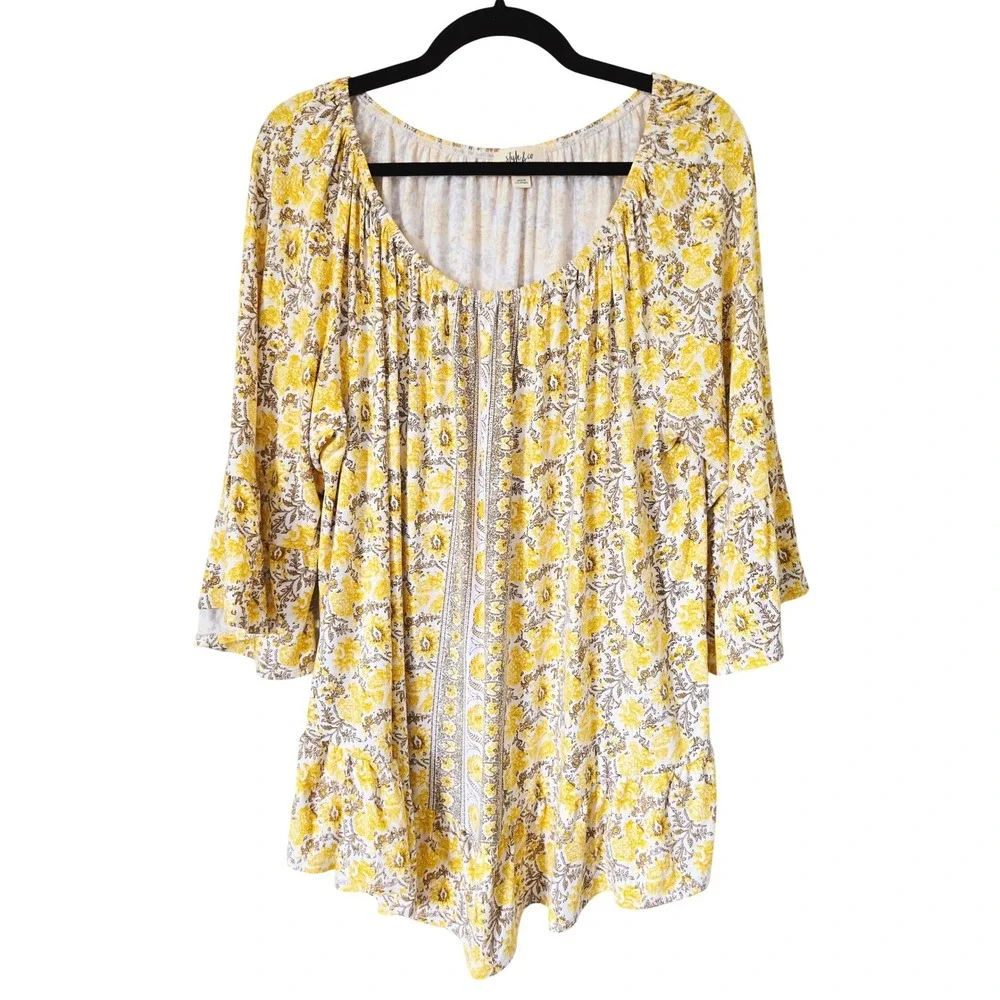 Style & Co Womens 2X Yellow‎ Floral Ruffle 3/4 Sleeve Peasant Top Scoop Neck