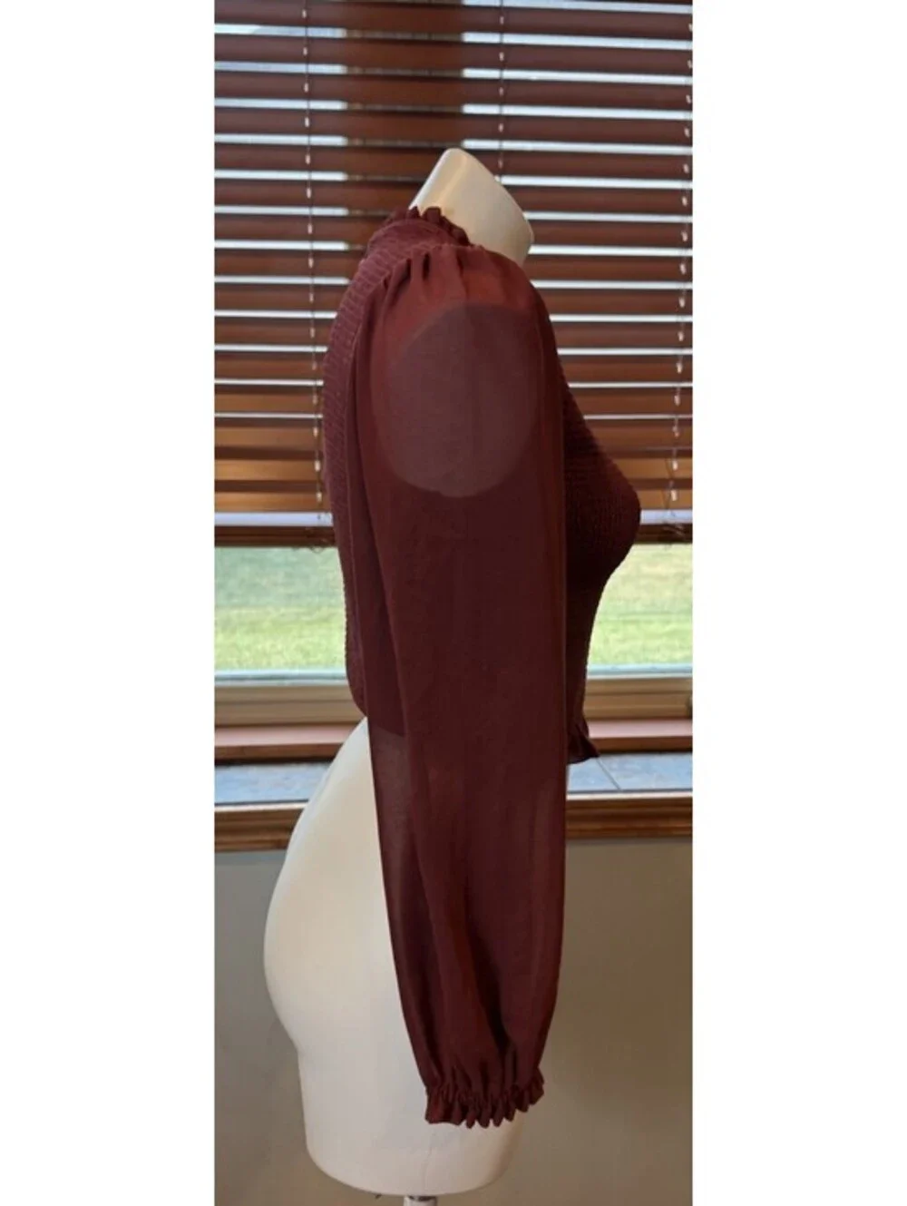 WILFRED ARITZIA Tempest Smocked Chiffon Blouse in Maroon Size M