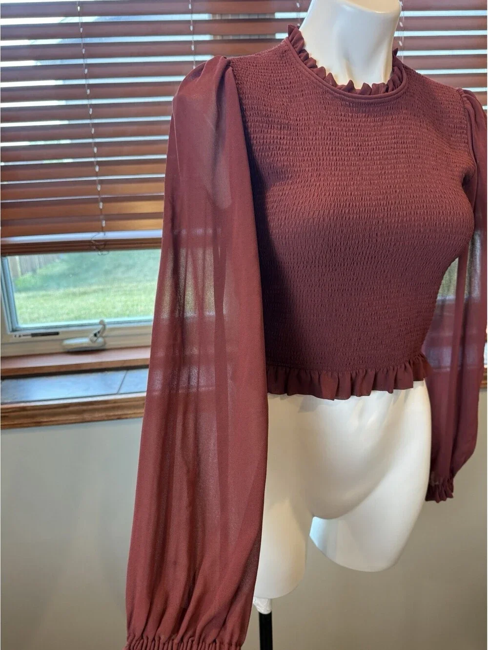 WILFRED ARITZIA Tempest Smocked Chiffon Blouse in Maroon Size M