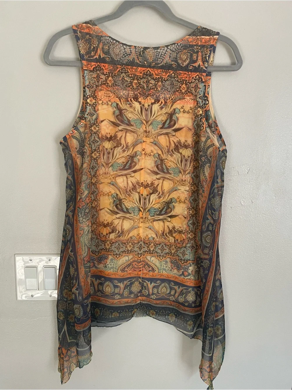 One World Boho Paisley Bird Print Chiffon Handkerchief Hem Tank Top Lace Sz M