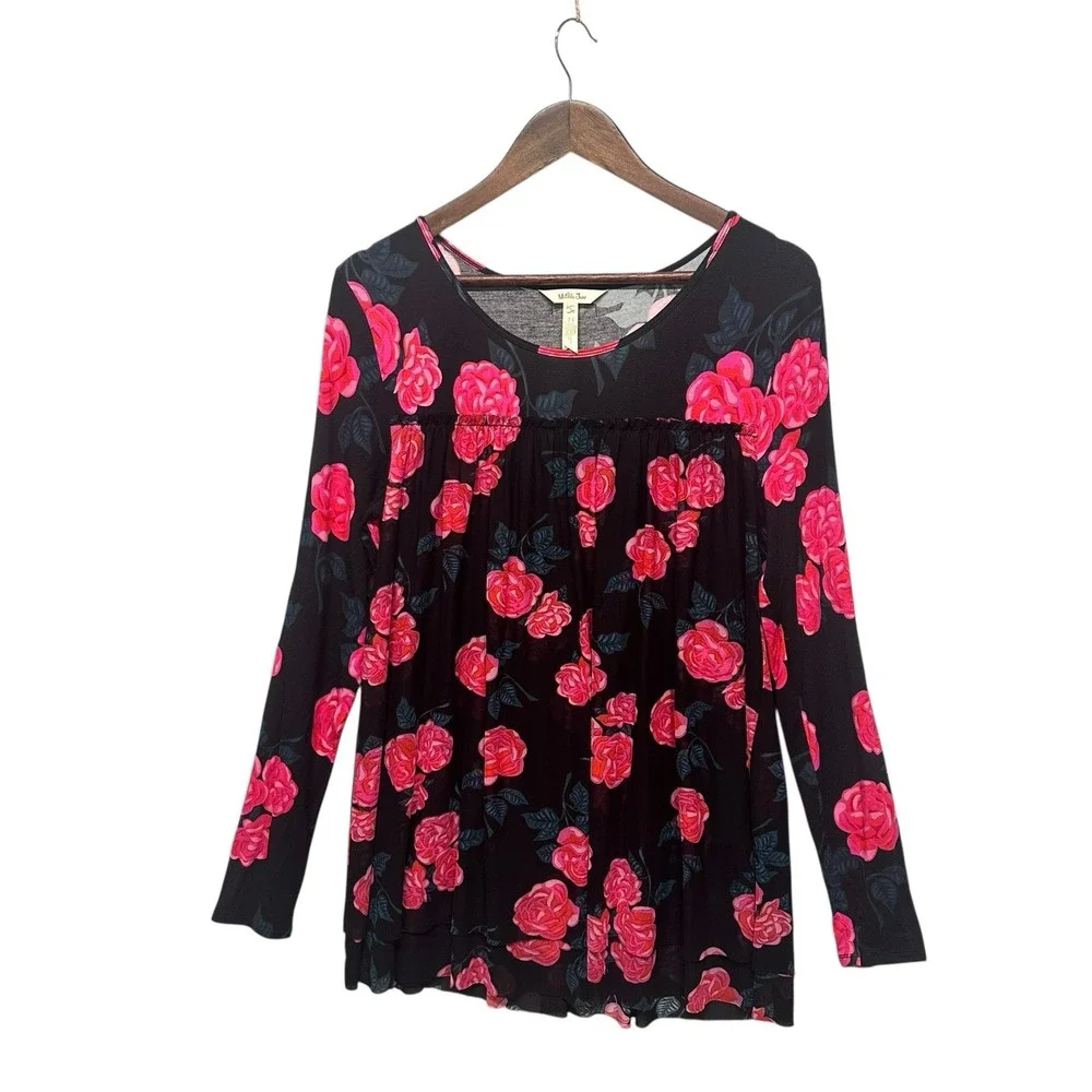 Matilda Jane Womens Top Size S Tunic Black Floral Long Sleeve‎ Scoop Neck Knit