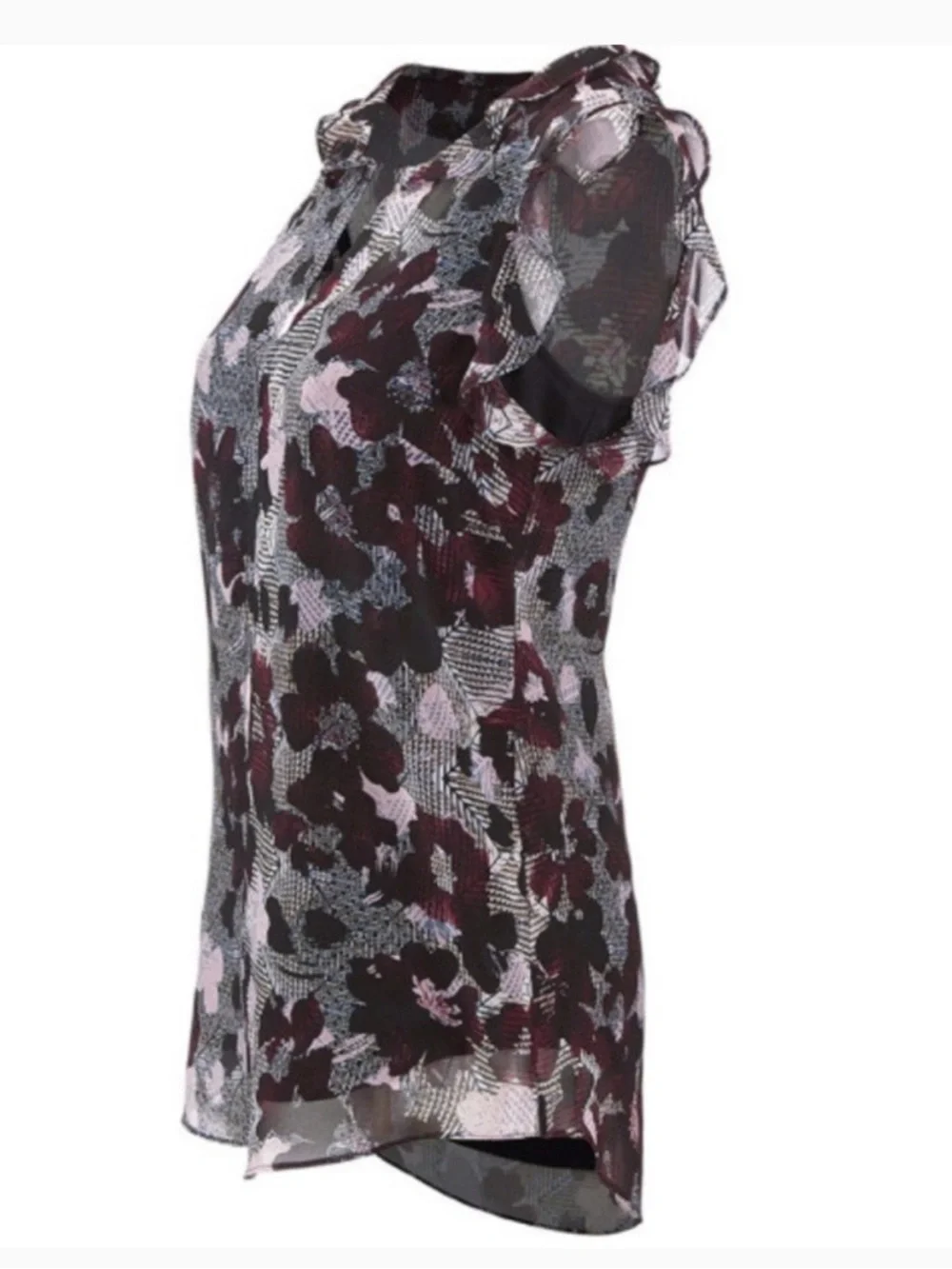 CAbi Weaver Purple Floral Print Ruffle Cap Sleeve Blouse with Cami XS Style 3618