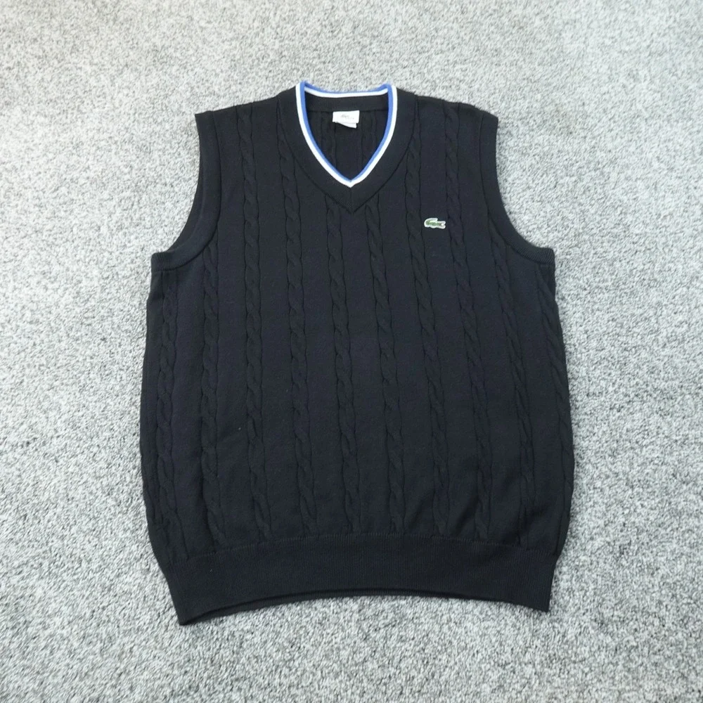 Lacoste Vest Mens XL 6 Black Cable Knit V Neck Tennis Sweater Golf Pullover Logo