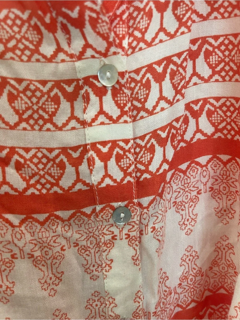 Natori Red and White Patterned V-Neck Sheer Blouse