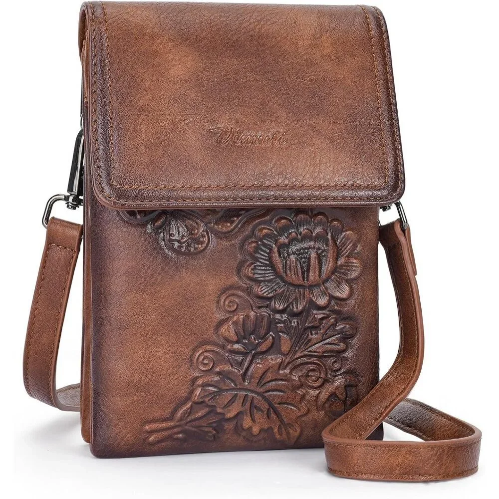 Small Vegan Leather Crossbody Bag Stylish Embossed Flower Design Women's