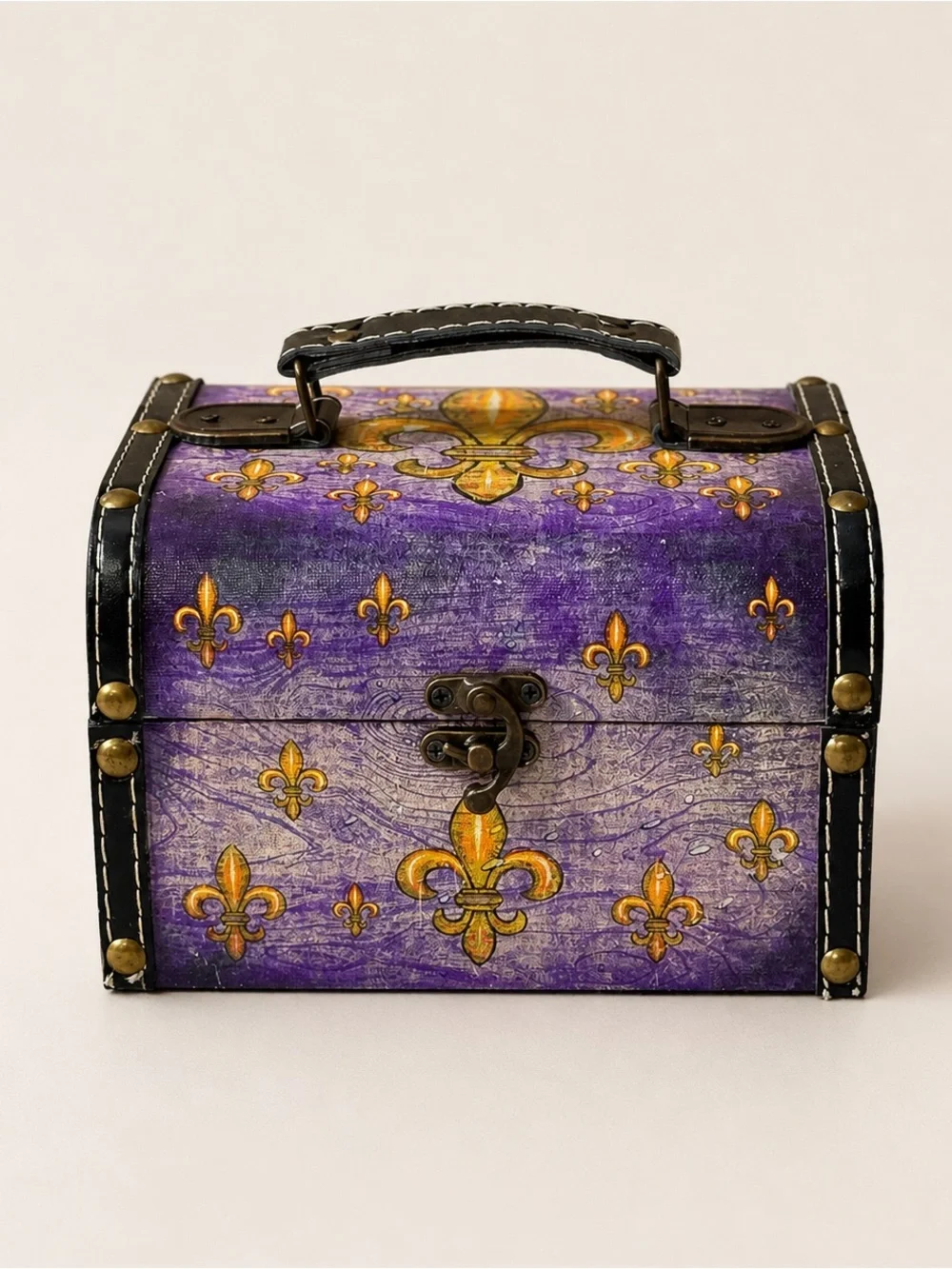 Vintage‎ Purple Fleur De Lis Trinket Jewelry Box Chest Lockable