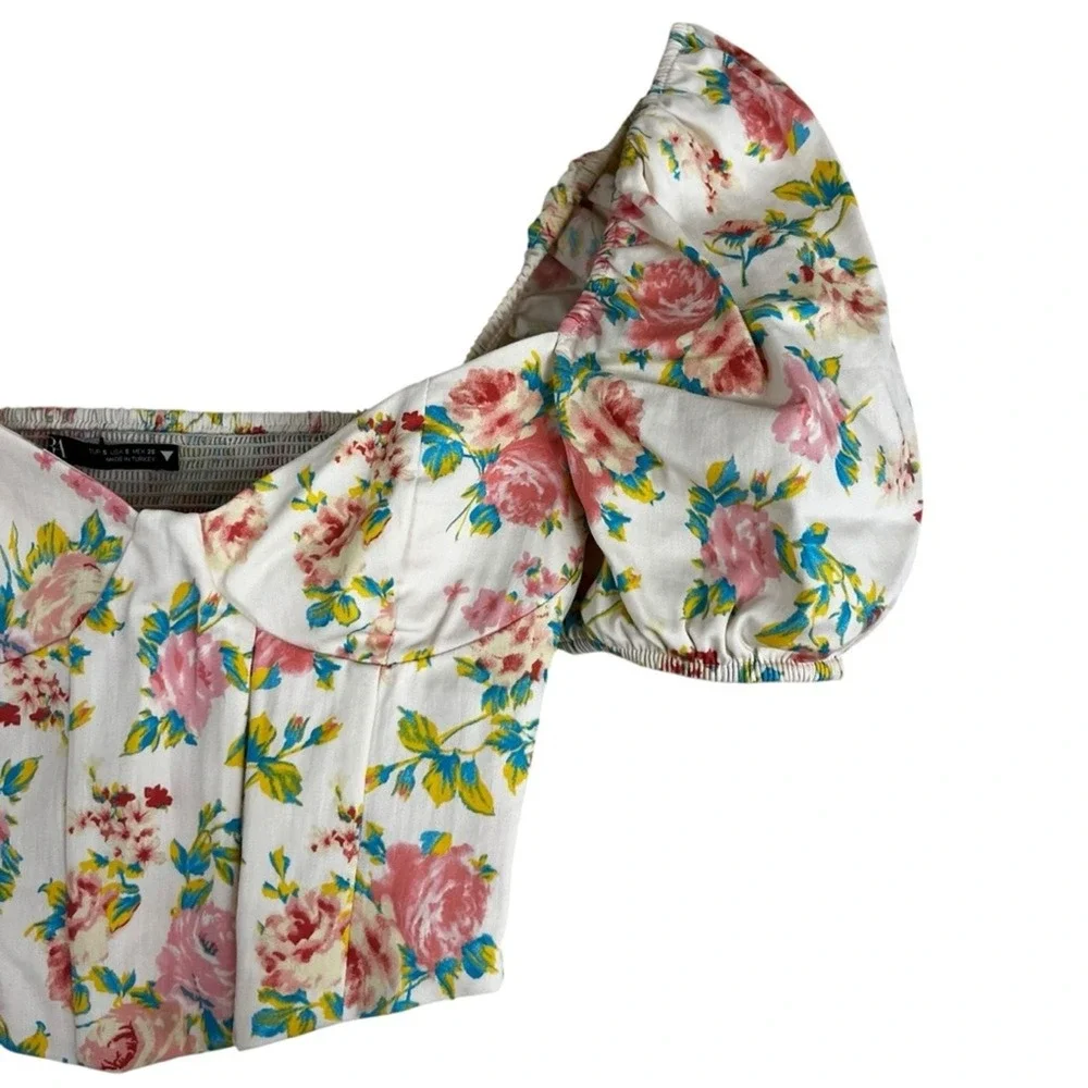 Zara Blouse Womens S White Floral Cropped Puff Sleeve Cottagecore Milkmaid