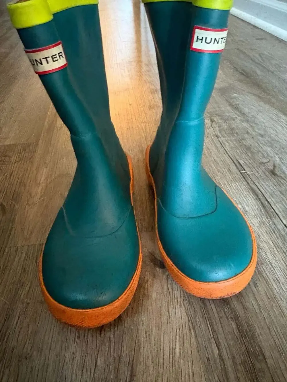 Hunter Kids Teal and Orange Rain Boots with Yellow Trim