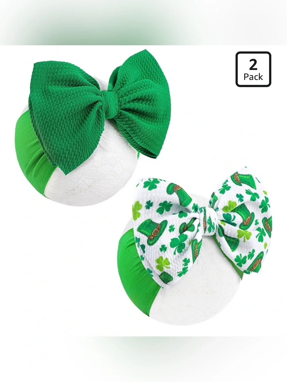 2 St. Patrick’s Day Baby Girl Oversized Bow Headbands Shamrock Green