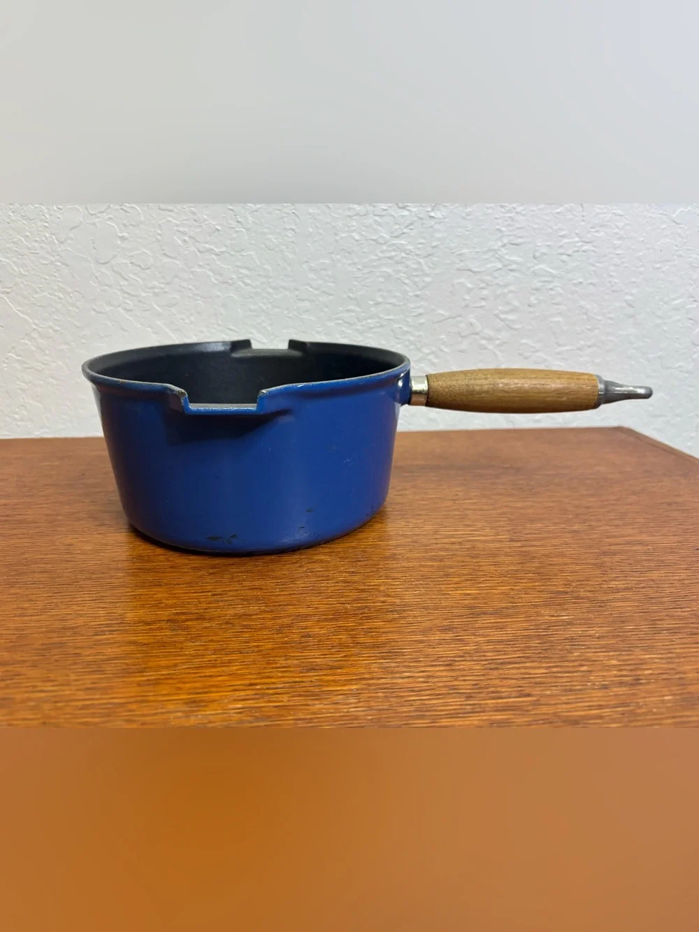 Le Creuset #20 Blue Enameled Cast Iron Saucepan No Lid Wood Handle France VTG