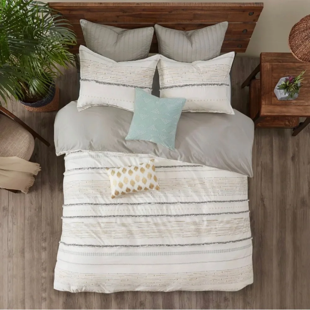 INK+IVY Nea Cotton Printed Duvet Cover Set with Trims