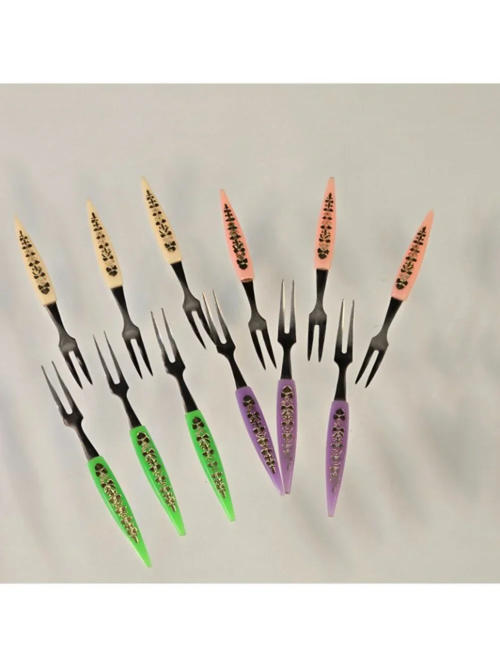 Vintage 12 Cocktail Hors D'oeuvres Forks Multicolor Stainless Steel MCM Japan