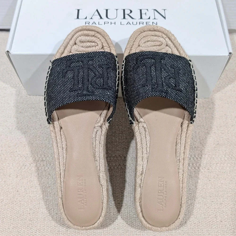 Lauren Ralph Lauren Polly Logo 2 Espadrille Slide Sandals‎ Natural Black 7B NIB