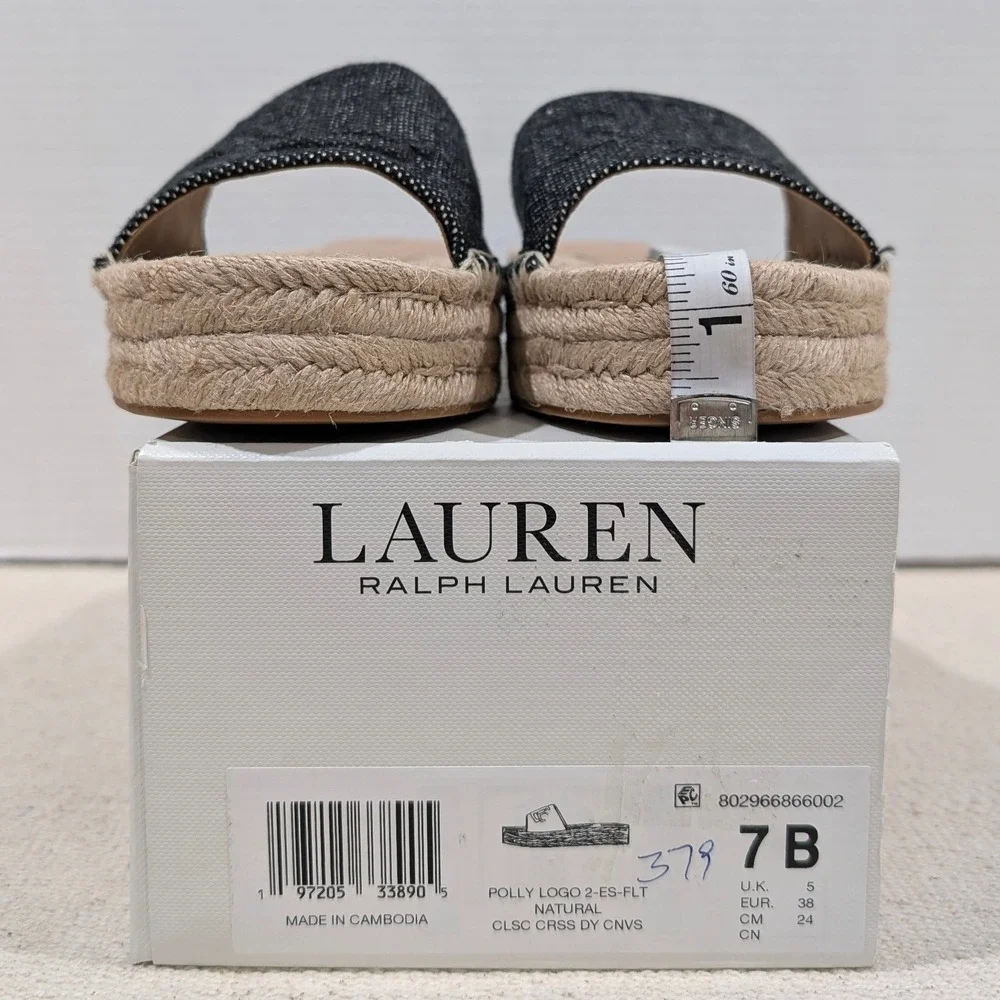 Lauren Ralph Lauren Polly Logo 2 Espadrille Slide Sandals‎ Natural Black 7B NIB