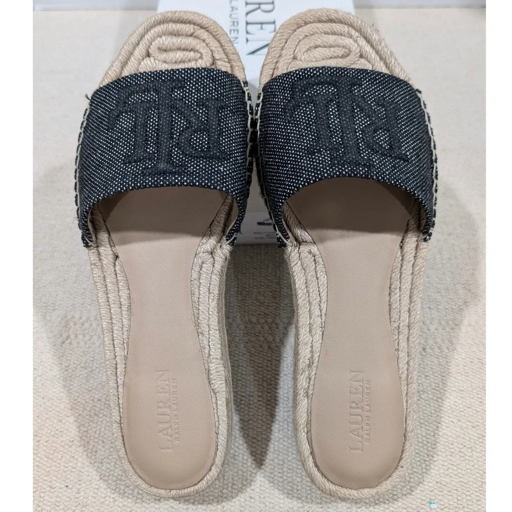 Lauren Ralph Lauren Polly Logo 2 Espadrille Slide Sandals‎ Natural Black 7B NIB