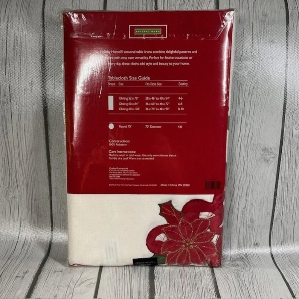 Holiday Home Christmas Poinsettia Holly Tablecloth 60