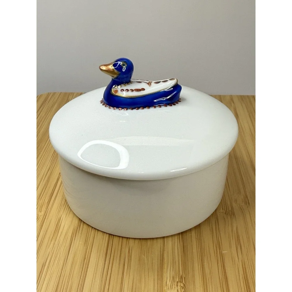 VTG La Reine Limoges Porcelain Trinket‎ Box White Blue Duck Jewelry Box